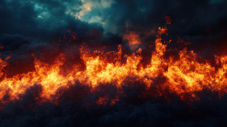 Forest fire creating a wall of flames against a backdrop of dark, ominous clouds, capturing the scale of the disaster.の素材