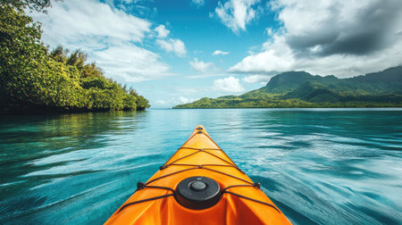 Kayak gliding across the calm waters of a lagoon, with tropical scenery in the background.の素材