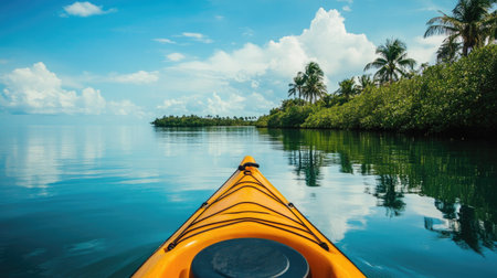 Kayak gliding across the calm waters of a lagoon, with tropical scenery in the background.の素材