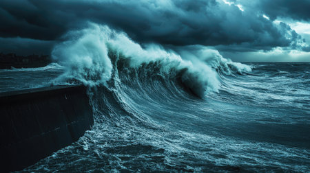 Massive ocean waves crashing against a seawall during a storm, with dark clouds overhead.の素材