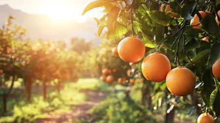 Ripe oranges hanging from trees in an orchard, symbolizing the harvest of citrus fruits.の素材