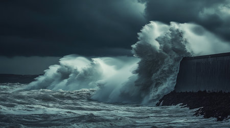 Massive ocean waves crashing against a seawall during a storm, with dark clouds overhead.の素材