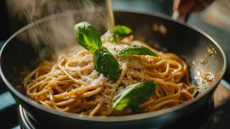 Pasta being tossed with sauce in a pan, with fresh basil and Parmesan on top.の素材