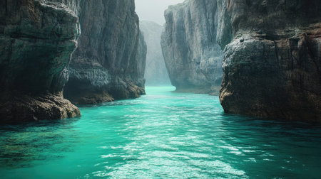 Shimmering blue-green lagoon waters flowing gently into the ocean, framed by tall cliffs.の素材