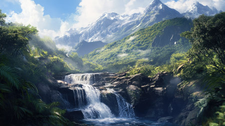 Mountain stream cascading down rocky terrain, surrounded by lush greenery and towering peaks.の素材