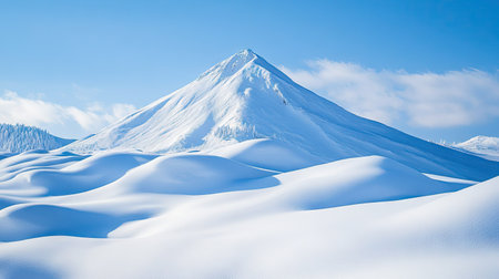 Snow-covered mountain peak under a clear blue sky, with fresh powder creating a pristine winter landscape.の素材