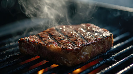 Sizzling steak on a hot grill with perfect sear marks and smoke rising.の素材
