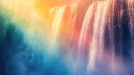 Rainbow forming in the mist of a thundering waterfall, with sunlight casting a colorful spectrum.の素材