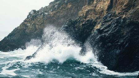 Powerful ocean waves crashing against rocky cliffs, with sea spray filling the air.の素材