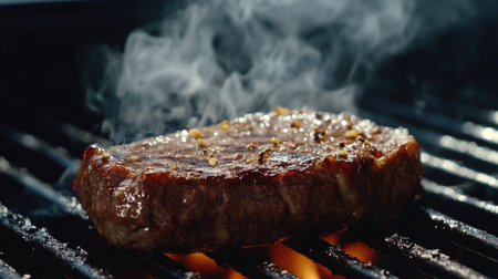 Sizzling steak on a hot grill with perfect sear marks and smoke rising.の素材