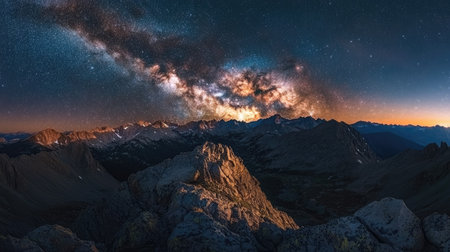 Starlit sky over a mountain range, with the Milky Way visible above the rugged peaks.の素材