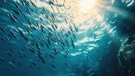 Underwater shot of a school of small sea fish darting through the clear blue ocean, creating a lively and dynamic sceneの素材