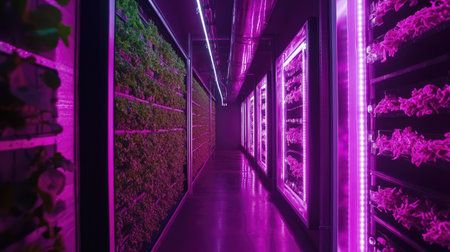Vertical farming setup with LED lighting and hydroponic systems, representing the future of sustainable agriculture.の素材