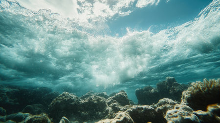 Waves rolling over shallow reefs, creating bubbles and turbulence under the water surface.の素材