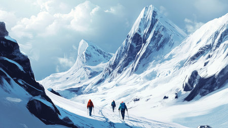 Winter hikers trekking through a snow-covered mountain pass, surrounded by towering peaks and fresh snow.の素材