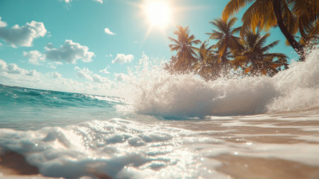 Waves splashing against a palm-fringed coastline, with turquoise water and a bright sun. -の素材