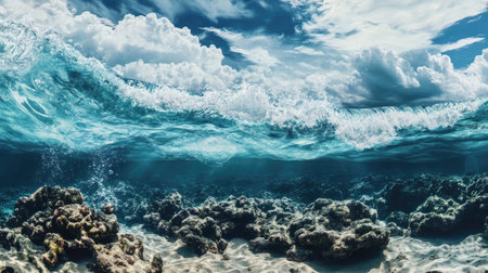 Waves rolling over shallow reefs, creating bubbles and turbulence under the water surface.の素材