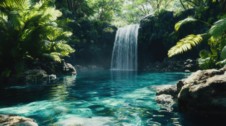 Tropical paradise waterfall with lush, green vegetation and crystal-clear water in a secluded lagoon.の素材