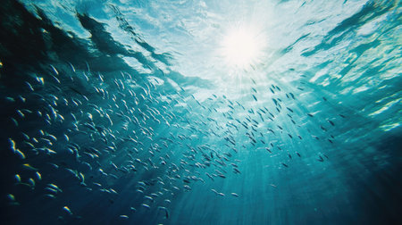 Underwater shot of a school of small sea fish darting through the clear blue ocean, creating a lively and dynamic sceneの素材
