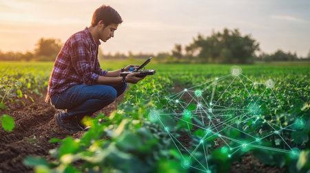 Technician installing IoT devices in a field to monitor crop health and environmental conditions.の素材