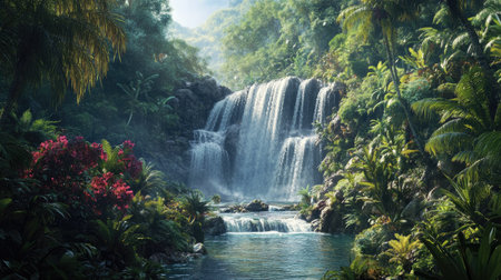 Tropical waterfall hidden within a dense jungle, with exotic plants and trees framing the scene.の素材