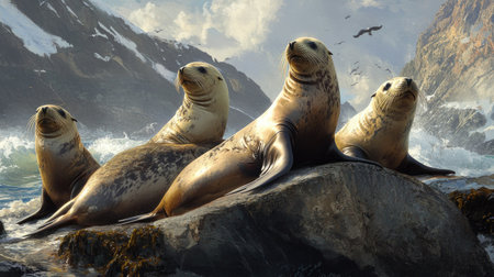 A group of sea lions resting on rocks near the shoreline, basking in the warm sunlight.の素材