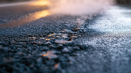 A close-up of hot asphalt being poured onto a road, with steam rising from the surface.の素材