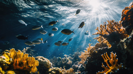 A group of sea fish swimming together near a colorful coral garden, creating a dynamic and engaging underwater sceneの素材