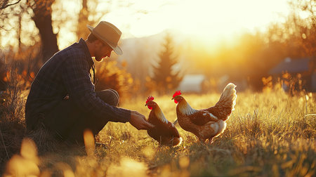 A farmer feeding chickens on a small organic farm, promoting free-range and sustainable agriculture.の素材