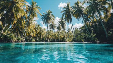 A lagoon with brilliant blue waters and tall palm trees swaying in the breeze.の素材