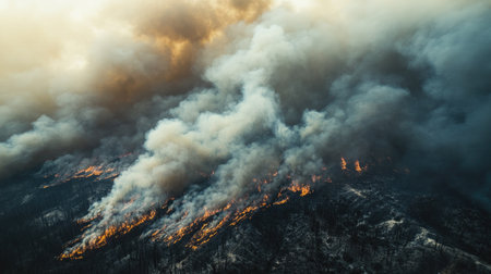 Aerial view of a forest fire creating a massive smoke cloud, with the surrounding landscape scorched and devastated.の素材