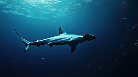 A hammerhead shark swimming gracefully in deep ocean waters, surrounded by smaller fish.の素材