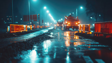 A road construction zone at night, illuminated by bright spotlights and flashing safety lights.の素材