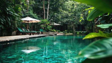 A private lagoon hidden within dense jungle foliage, perfect for peaceful retreats.の素材