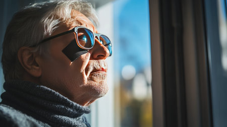 A cataract surgery patient with an eye patch post-operation, looking out of a window into a bright, clear day.の素材