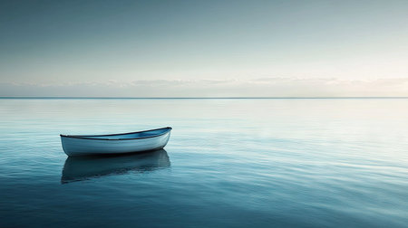 A small boat floating on a calm ocean, with soft waves gently rocking it under a clear sky.の素材