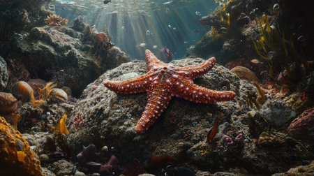 A starfish resting on a rock, surrounded by other marine life on the ocean floor.の素材