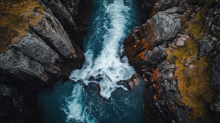 Aerial view of a large waterfall splitting into multiple streams as it descends over a rocky ledge.の素材