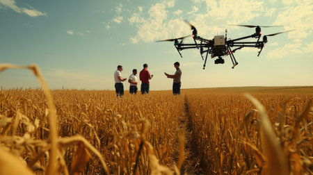 A team of agricultural scientists using drones and sensors to conduct crop research in the field.の素材