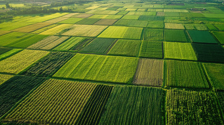 Aerial view of a vast agricultural landscape with fields of crops in various stages of growth.の素材