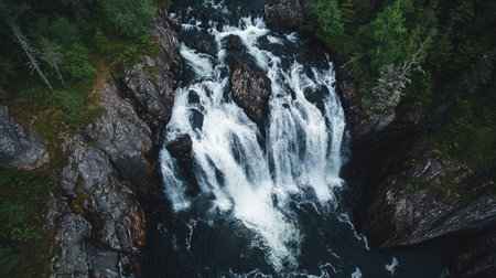 Aerial view of a large waterfall splitting into multiple streams as it descends over a rocky ledge.の素材
