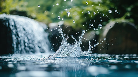 Close-up of water droplets splashing as a waterfall hits the surface of a tranquil pool below.の素材