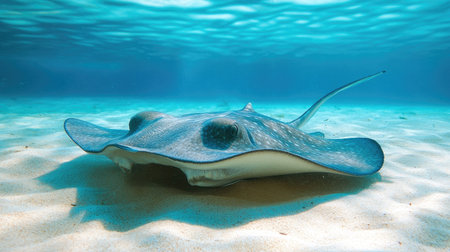 A stingray gracefully gliding across the sandy ocean floor in shallow tropical waters.の素材