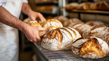 Baker placing freshly baked loaves of bread onto a cooling rack, golden crust visible.の素材