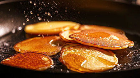 Delicious pancakes flipping in a pan, with golden brown edges.の素材