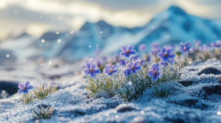 Close-up of snow-covered alpine flowers emerging from the icy ground, with snow-capped mountains in the distance.の素材