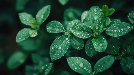 Close-up of raindrops on green leaves in a crop field, symbolizing the importance of natural irrigation.の素材