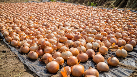 Harvested onions laid out to dry in the sun, part of the traditional agricultural process.の素材