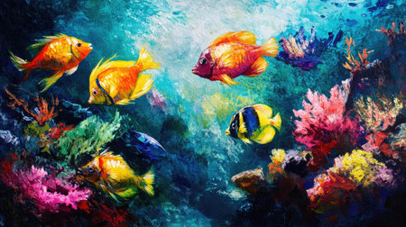 Bright and colorful sea fish navigating through the vibrant coral reefs, capturing the essence of underwater lifeの素材