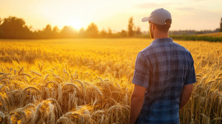 Farmer inspecting a golden wheat field at sunrise, symbolizing growth and harvest.の素材